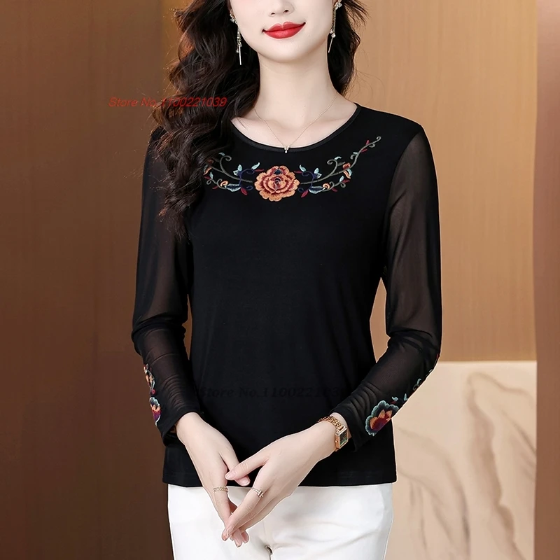 

2025 chinese traditional o-neck shirt national flower embroidery vintage shirt retro hanfu tops oriental mesh sleeve base shirt
