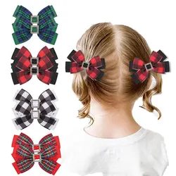 2pcs Rhinestones Bows Hair Clips For Girl Grosgrain Ribbon Plaid Printed Hairpins Kawaii Hair Accessories KidsHairpins Barrettes