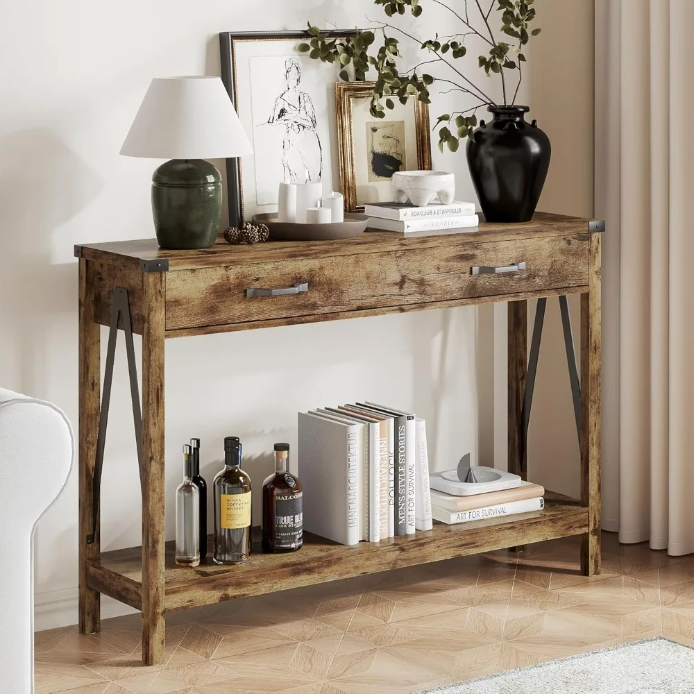 

Farmhouse Console Table with Drawer, Entryway Table with Storage Shelf, Rustic A-Design Sofa Table for Hallway, Entrance