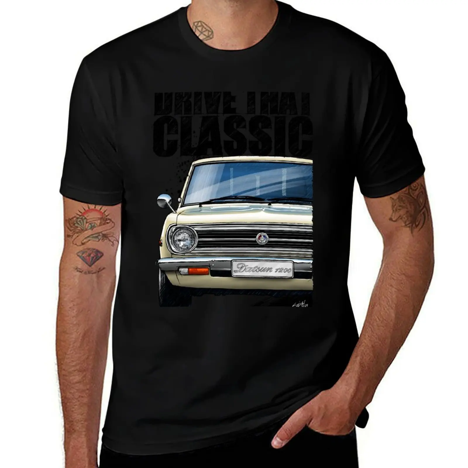 

Drive That Classic featuring the Iconic Datsun 1200 in ivory. (light coloured background) T-Shirt