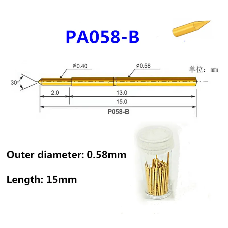 100PCS Gold-plated Spring Test Probe PA058-B Pointed Outer Diameter 0.58mm Total Length 15mm PCB Pogo Pin