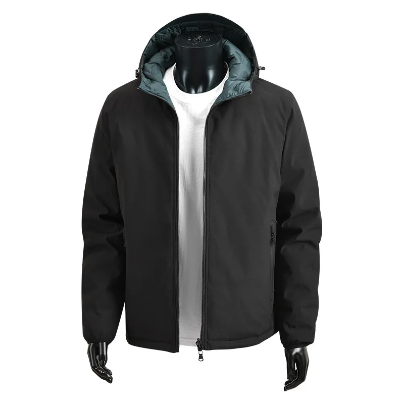 

2025 зимнее мужское пуховое пальто контрастного цвета с капюшоном, мужская верхняя одежда с длинным рукавом на молнии, морозостойкая удобная двусторонняя мужская куртка