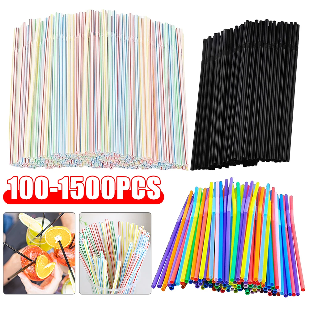 100-1500PCS Drinking Straws Flexible Plastic Straws Black Colorful Plastique Straws Kitchen Home Wedding Party Supplies Straw