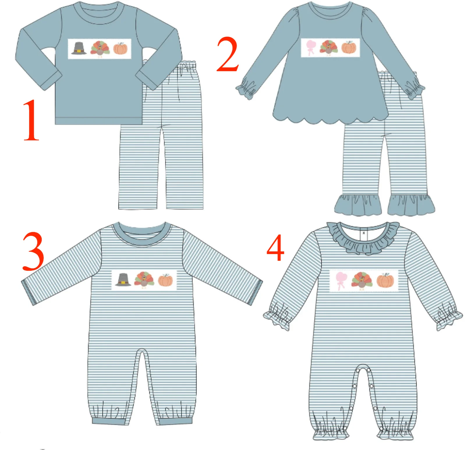 

Бутиковый комплект и комбинезон с длинными рукавами для мальчиков и девочек с принтом в синюю полоску на День Благодарения и Турция и тыква