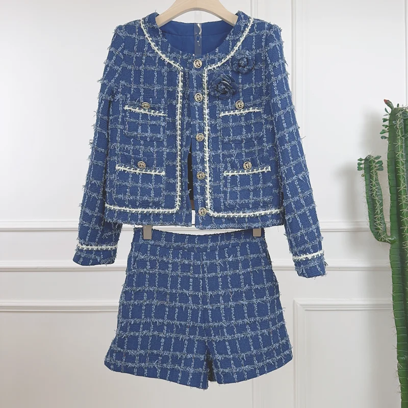 

High Quality Blue Plaid Small Fragrance Lady Set O Neck Long Sleeve Jacket+ Elastic Waist Shorts Tweed Pink Two-piece Women Suit