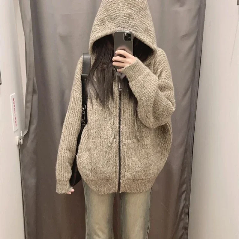 

Deeptown Zipper Knitted Cardigan Women Harajuku Vintage Hooded Knitwear Preppy Style Solid Casual Warm Sweaters Coat Oversize