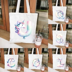 Unicorn Graphic 26 Alphabet Canvas Shoulder Bag donna A-Z lettere Shopping Bag Vintage Fashion Casual Teenager Tote Commuter Bag