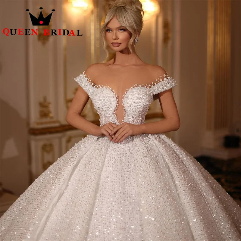 Vestido De novia De lujo con lentejuelas y perlas, sin mangas con hombros descubiertos traje De novia, personalizado, Y53X