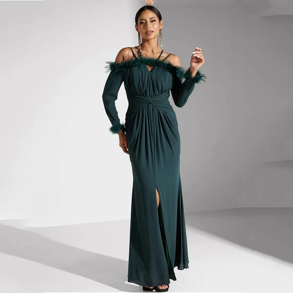 

Green Women's Evening Dress Off The Shoulder Mermaid Prom Dress Ankel Length Formal Party Gown Long Sleeves Saudi Dress