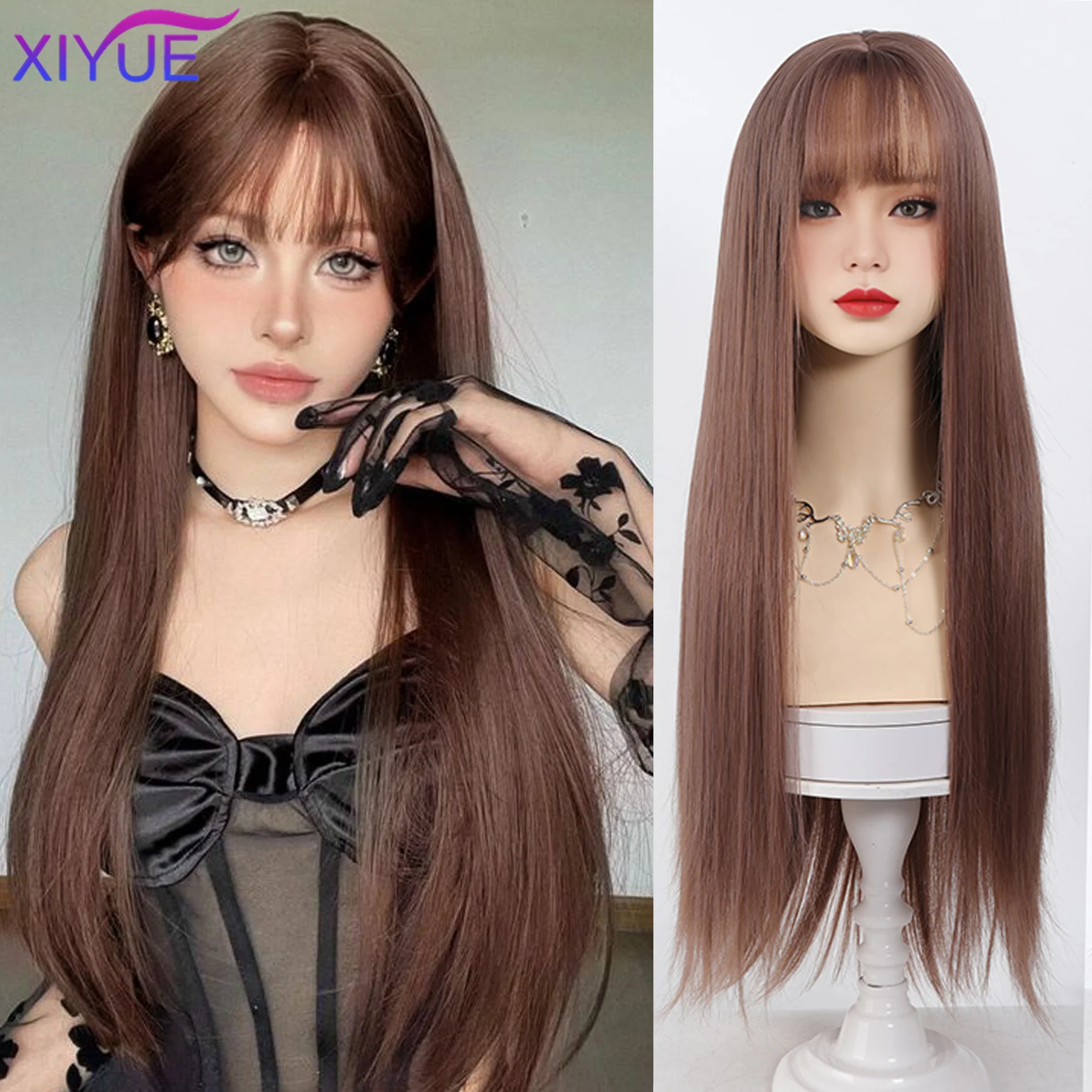 Coffee colored wig Dark Brown Long Straight Wig For Woman Daily Party Cosplay Blone Highlights Natural Synthetic Wig With Bangs