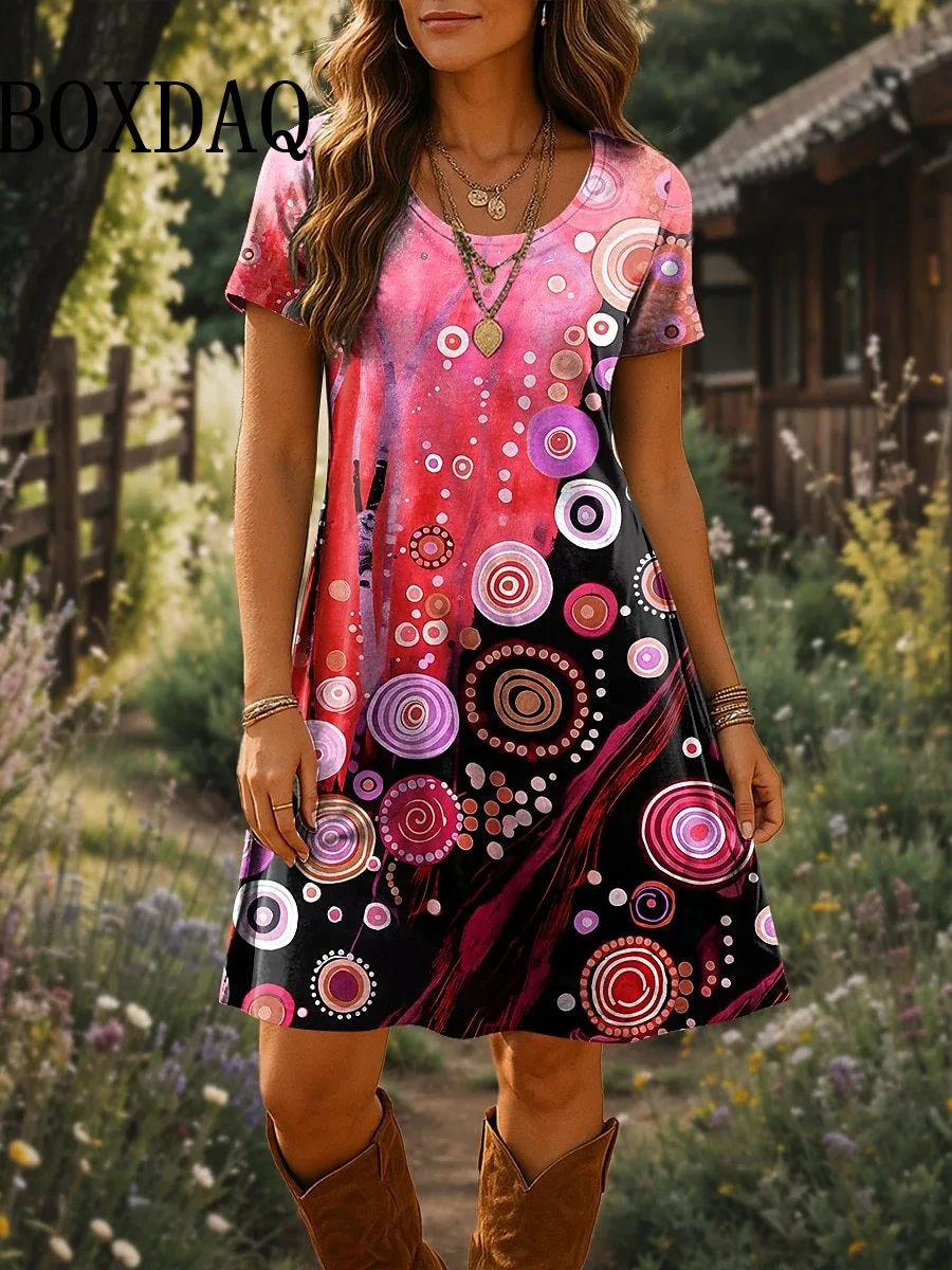 Modna Nowa Letnia Damska Luźna Mini Sukienka Codzienna Boho Kwiatowy Nadruk 3D Krótki Rękaw Damska Plażowa Krótka Sukienka