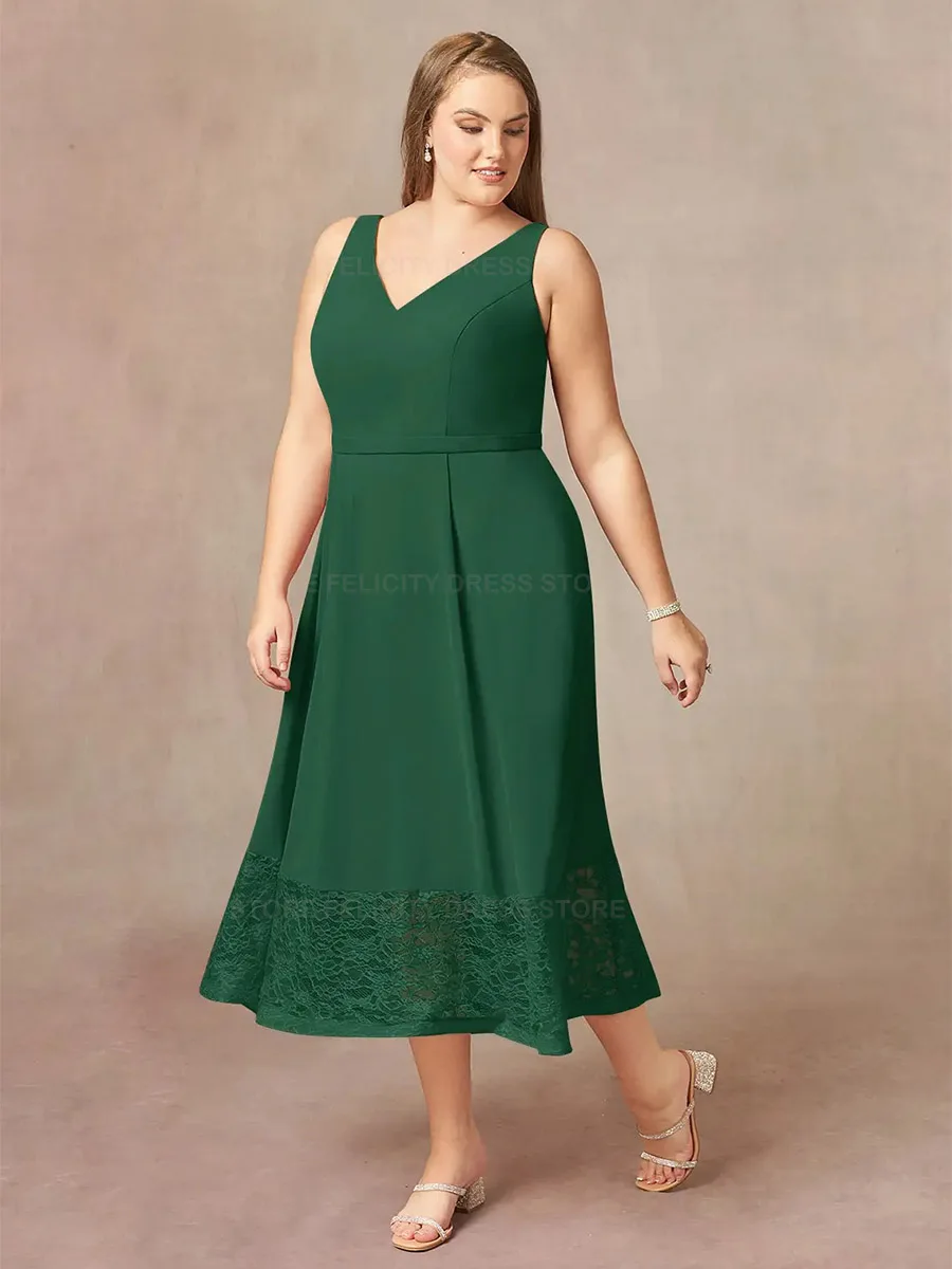 Vestido verde de talla grande para madre de la novia, traje acampanado con cuello en V para invitados de boda, encaje de gasa, largo hasta el té, 2023