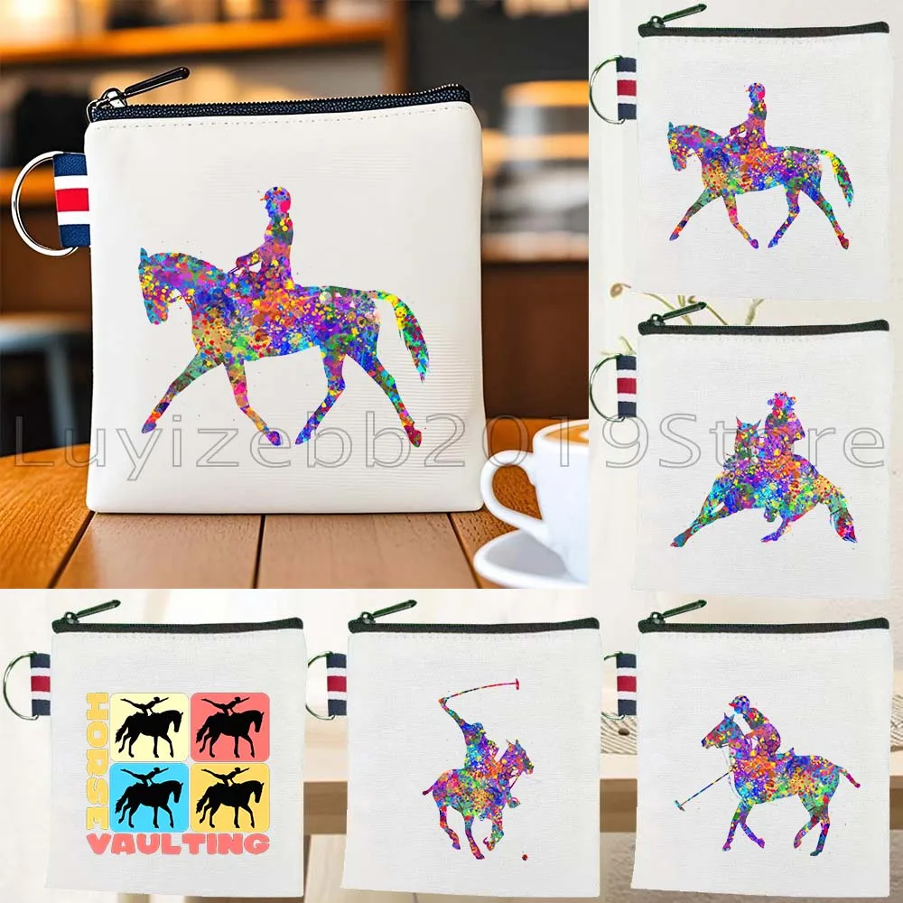 Equestrian Barrel Racing Rider Horse Vaulting Riding Polo Player Canvas Coin Purse Bag Square Key Storage Card Bag Wallet Pouch