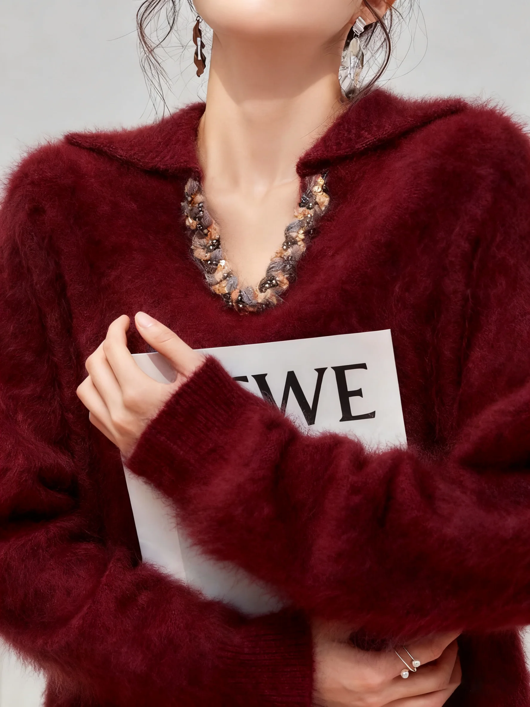 

Мягкий винно-красный вязаный свитер из кашемира для женщин: зимняя верхняя одежда, базовый слой, премиальный вид, термотоп с длинными рукавами