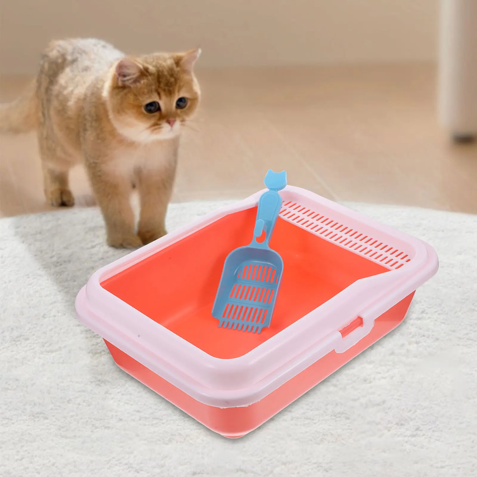 

Cat Litter Box Square Medium Pink R om Shovel Durable Plastic Pet Bedpan Potty Basin Easy Cleaning Heightened Fence Reduce