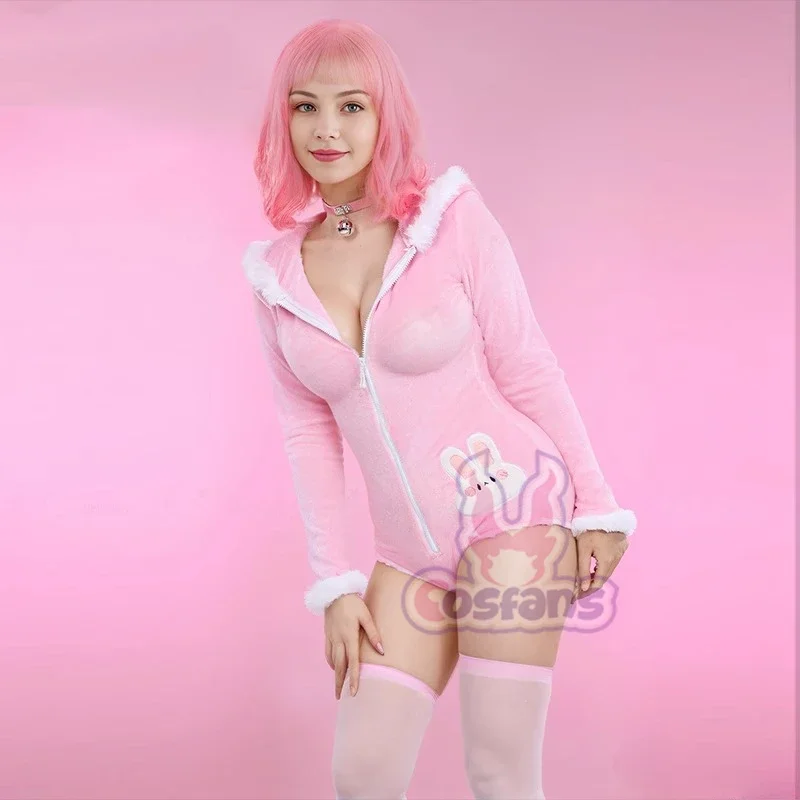 

2025 NEWCosfans Women's Cute Bunny Furry Bodycon Romper Kawaii Pink Rabbit Bodysuit with Choker Tail and Stocks Cosplay Costumes