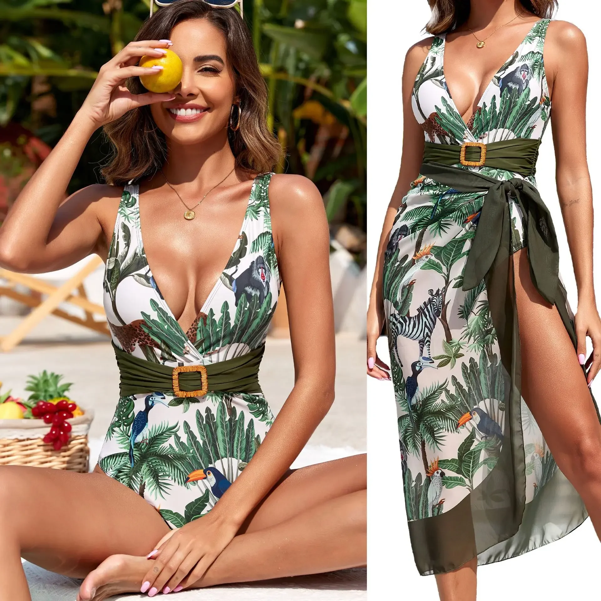 

2024 new summer print one-piece swimsuit women's gauze skirt two-piece swimsuit