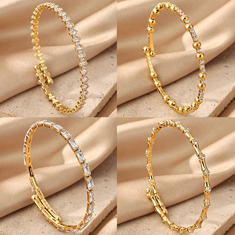 Geometric Square Zircon Bangles for Women 18K Gold Color Open Cuff Bangle Bracelet Femme Fashion Jewelry Gifts for All Occasions