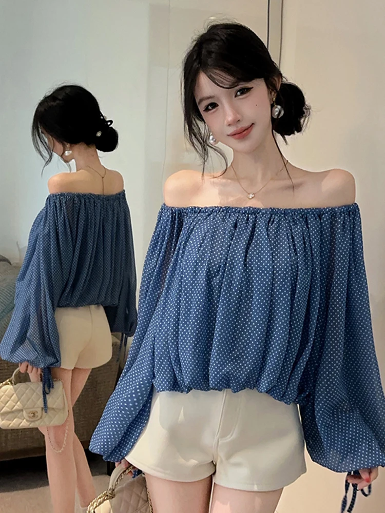 Laid-back Sexy One-Shoulder Pleated Long Sleeve Loose Slimming Top Women's Pure Desire Skeleton Exposure Shirt Girl's Style