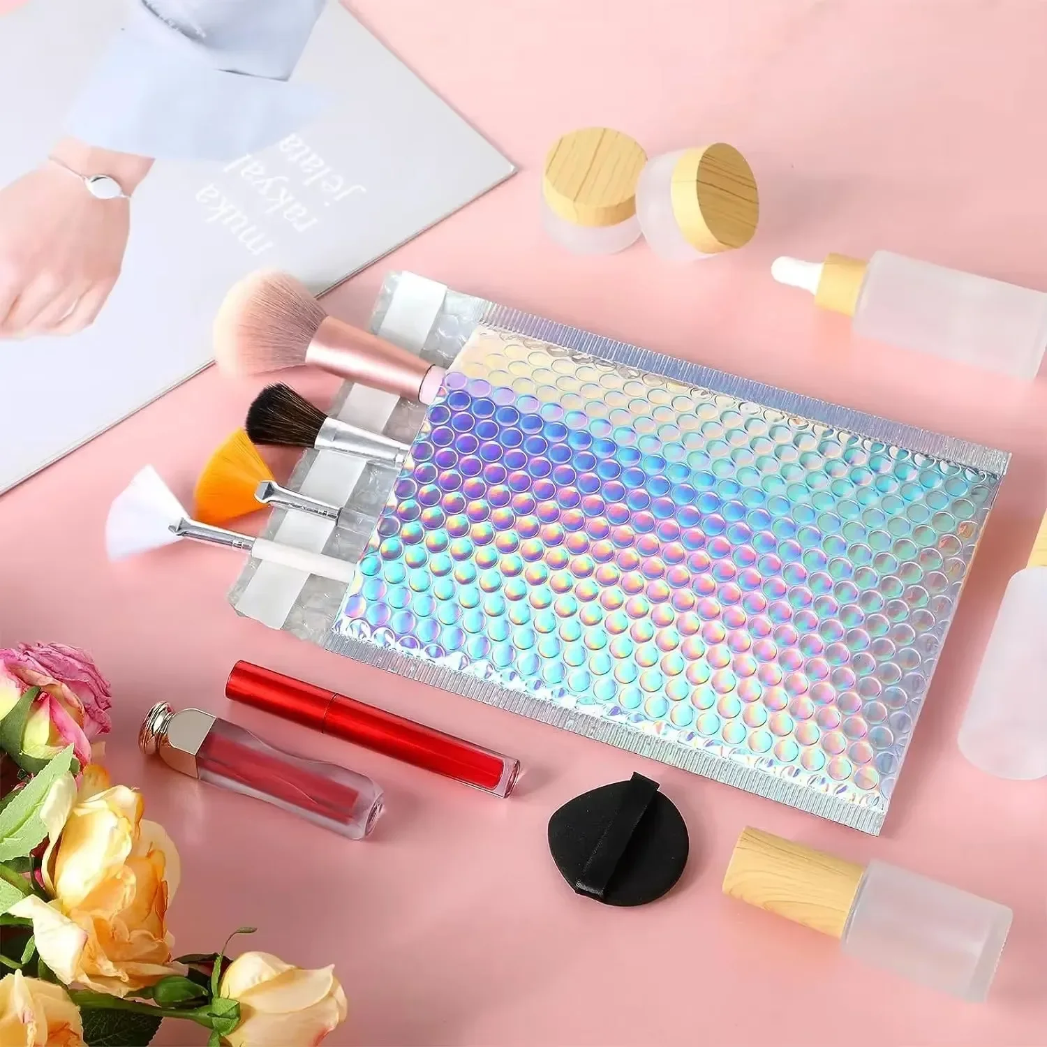 Rainbow colors Envelopes Bubbles 50Pcs Shipping Bags Packages Holographic Mailer Laser Bubble Mailers Self Seal Mailing