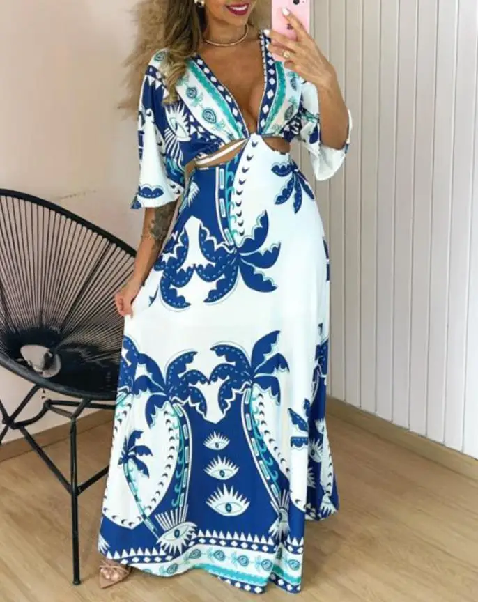 Vrouwen Jurken 2025, Zomerplanten Print Taille Uitgehold Boho Maxi-jurk Vrouwelijke Casual Driekwart Gebonden Detail Vakantiejurk
