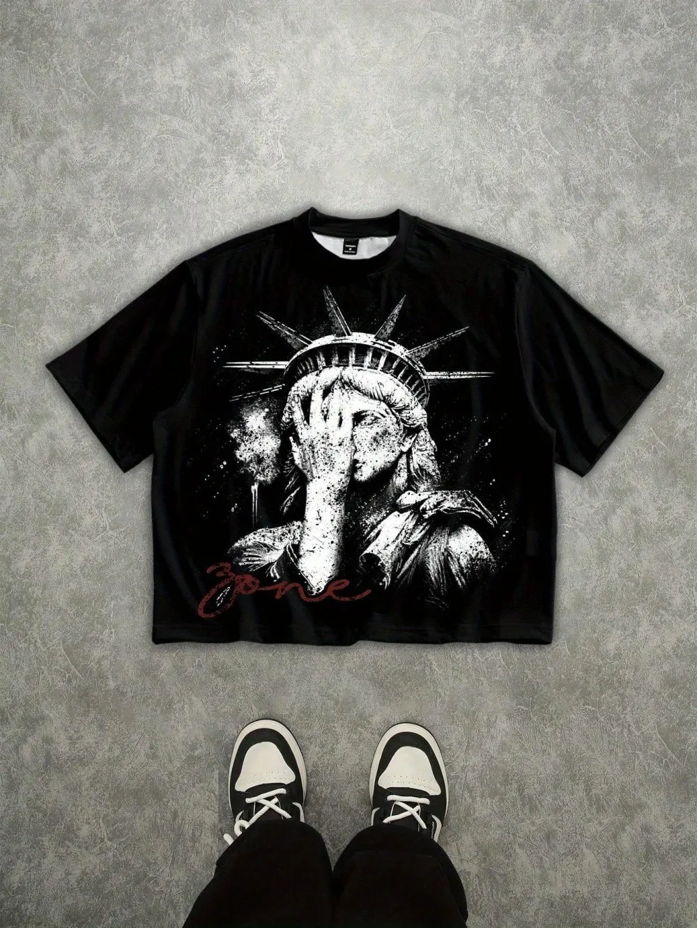 European and American men's summer letter Statue of Liberty print micro elastic breathable round neck T-shirt outdoor street top