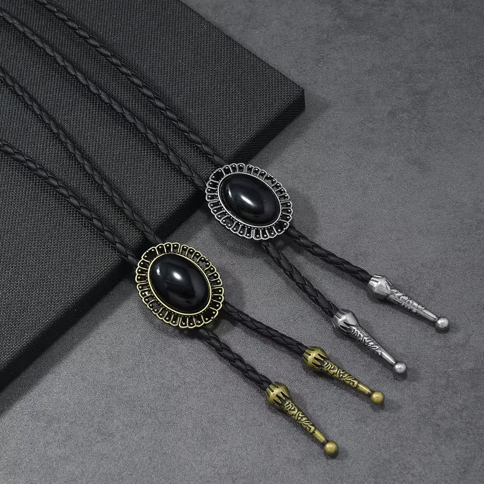 Vintage Oval Bolo Tie Hollow Leather Braided Cord Western Cowboy Necktie for Men Women Costume Jewelry Accessory