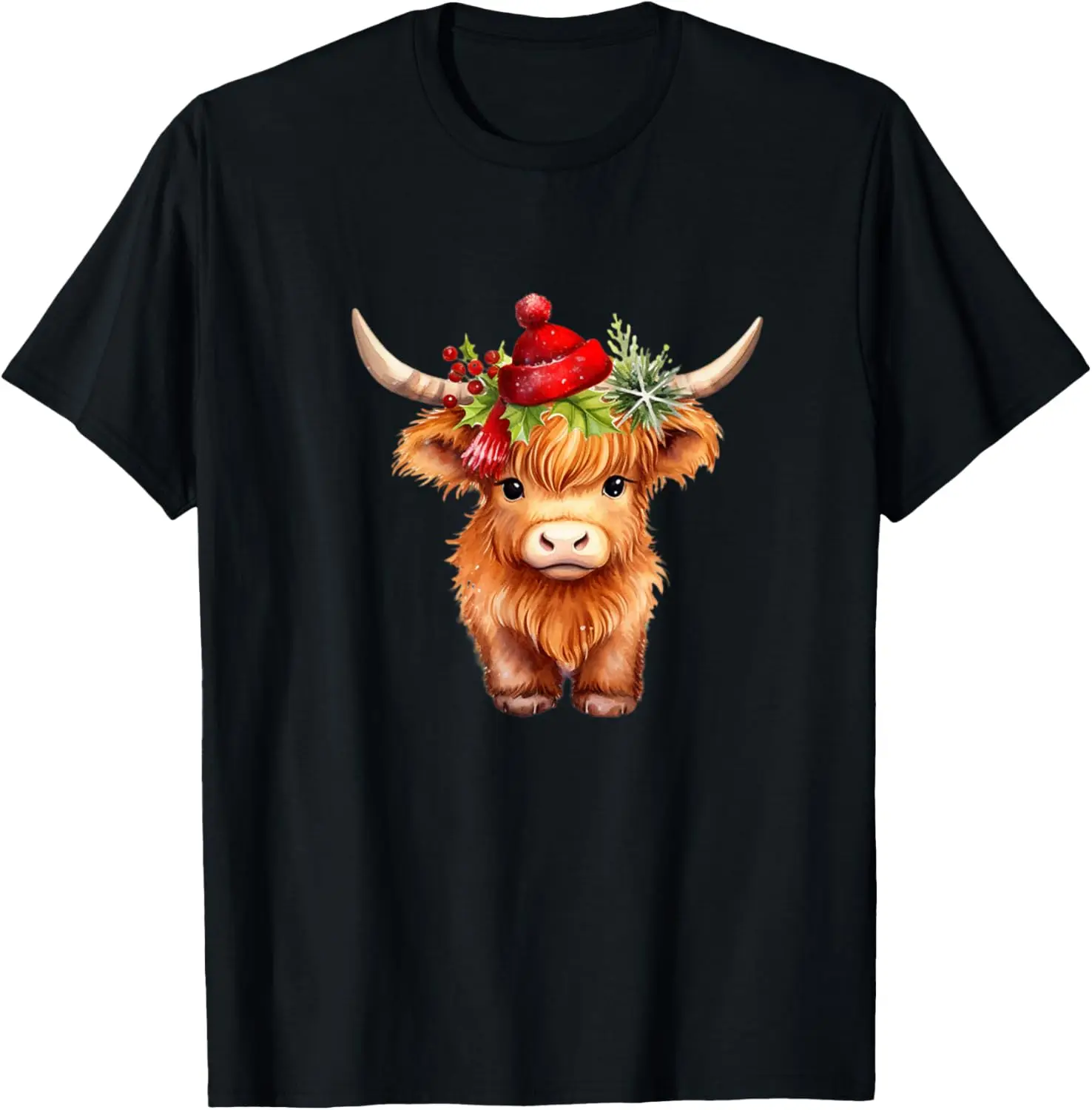 Cute Highland cow Christmas Santa Hat Country Heifer Farm T-Shirt