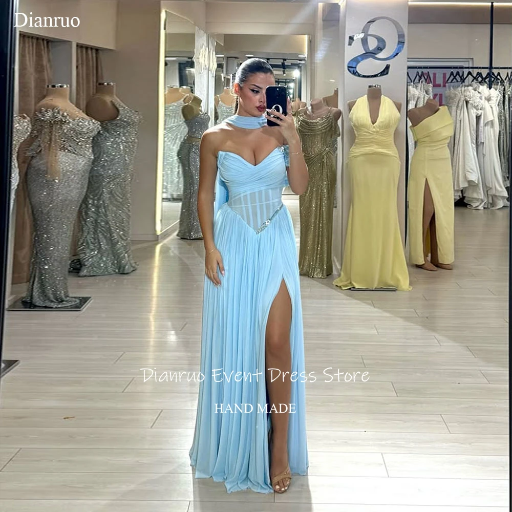 

Dianruo Chic Ruched Evening Dress High Slit Chiffon Dresses For Women Ribbons Sweetheart Vestidos De Fiesta Elegantes Customized
