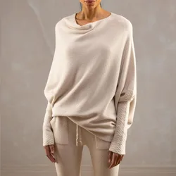 Autumn Casual Solid Round Neck Women Sweaters Loose Batwing Sleeve Knitted Pullover Sweater Woman Winter Sexy Knitwear Top 30463