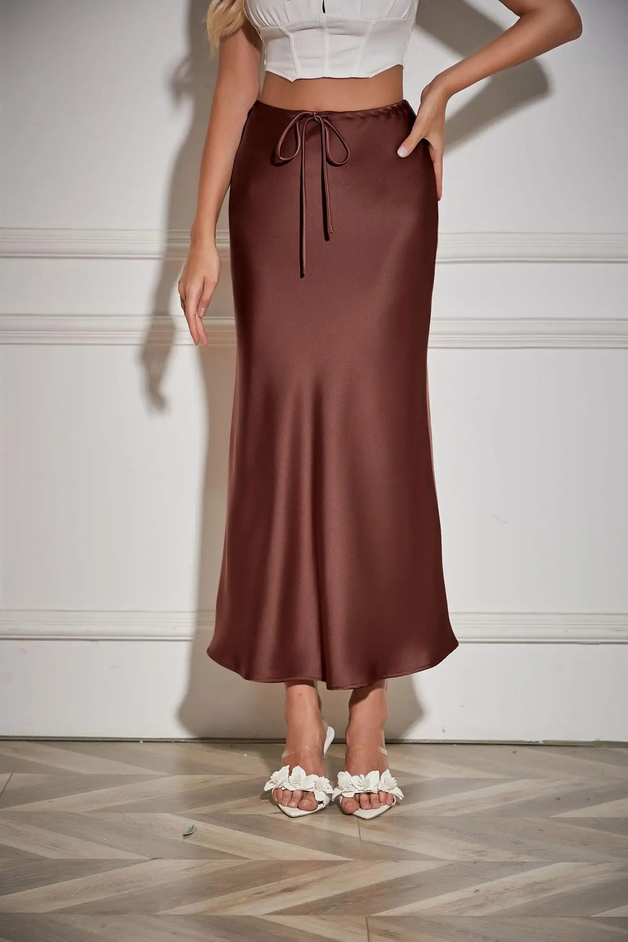 New In 2026 Spring Summer Solid Color Satin Long Skirt For Women High Waist Lace-Up Fashion Elegant Faldas