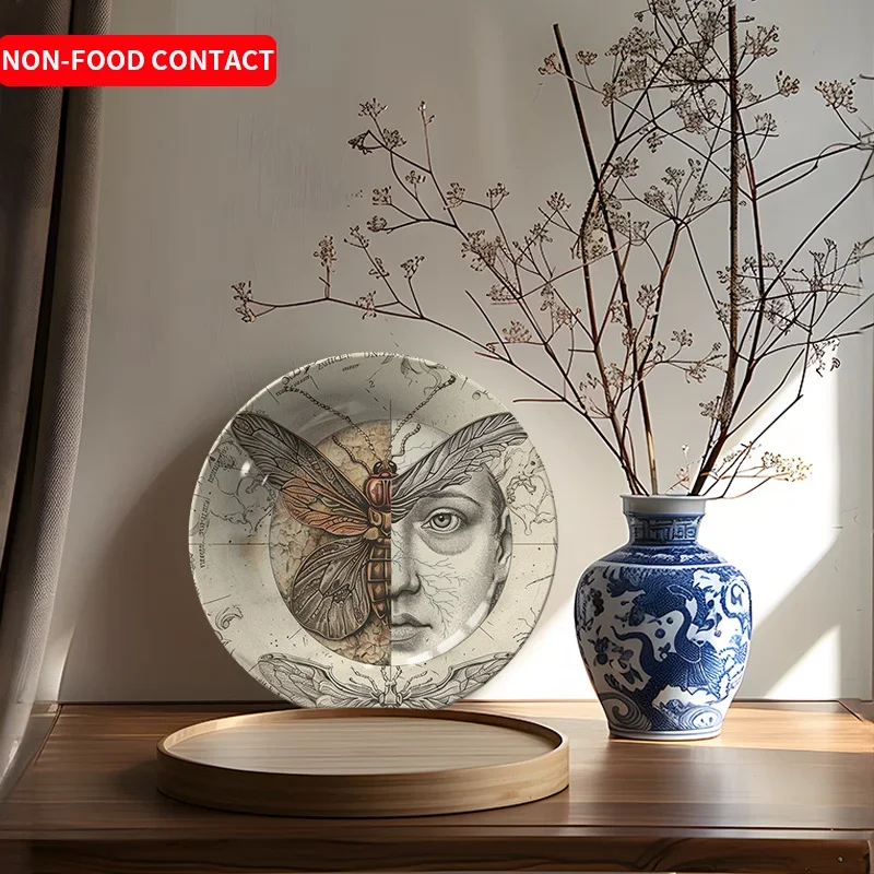 1pc Art Deco Style Ceramic Decorative Plate, Non-Food Contact, Round Wall Hanging for Home Decor, Living Room, Bedroom,