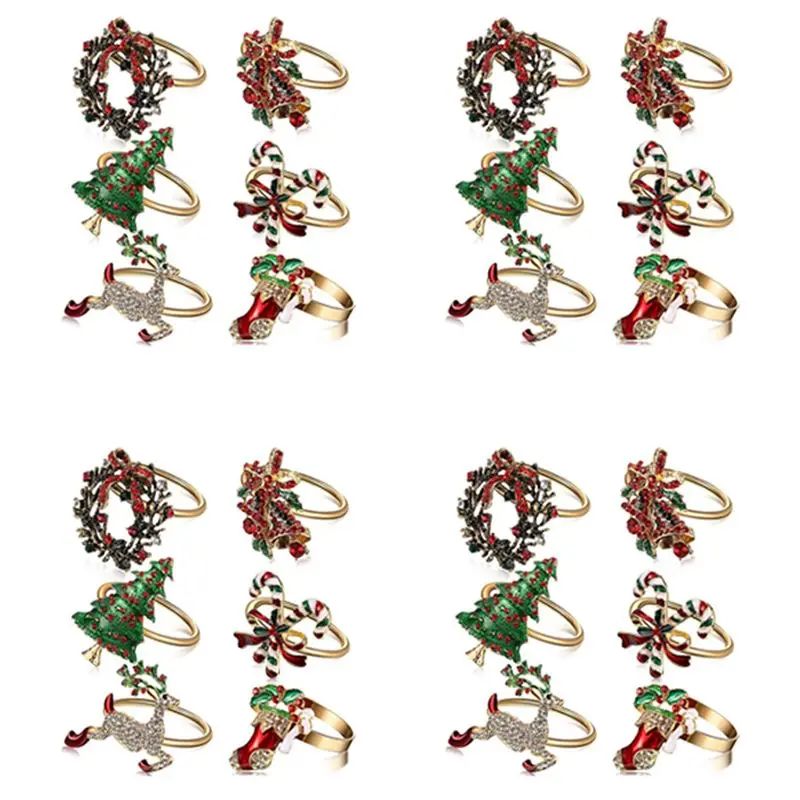 A36T-24Pcs Christmas Napkin Rings Xmas Napkin Holder Rings Wreath For Holiday Party Dinner Table Decoration