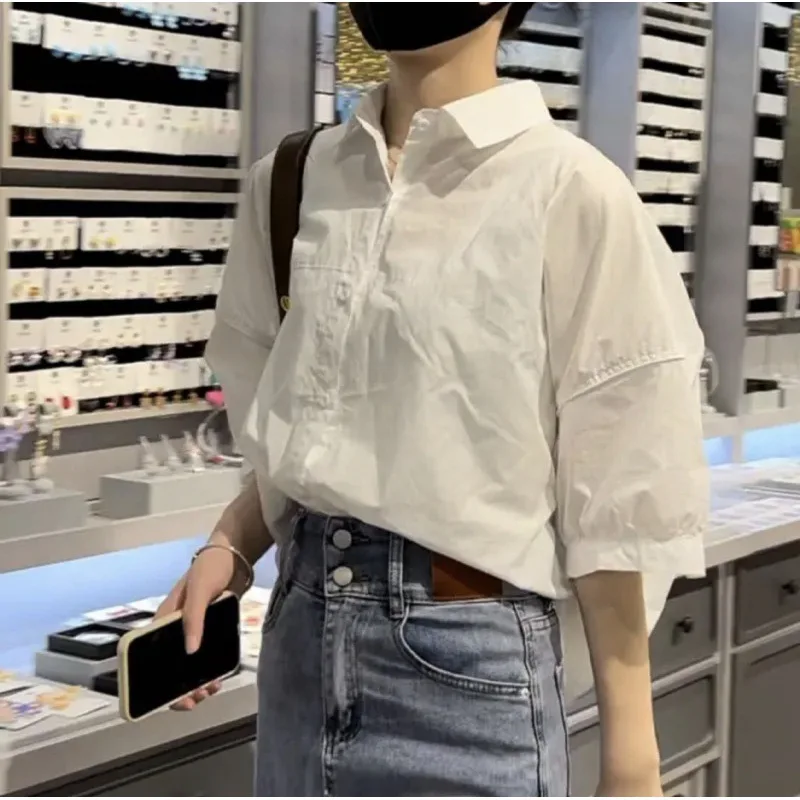 Women Shirts Solid Turn Down Collar Button Elegant Lady Blouses Half Sleeve Spliced Loose Lady Casual Shirt Summer 2025