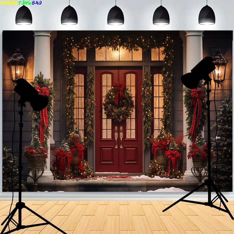

Front Door Christmas Day Decoration Photography Backdrops Happy New Year Fireplace Xmas Day Family Party Photo Background XH-55