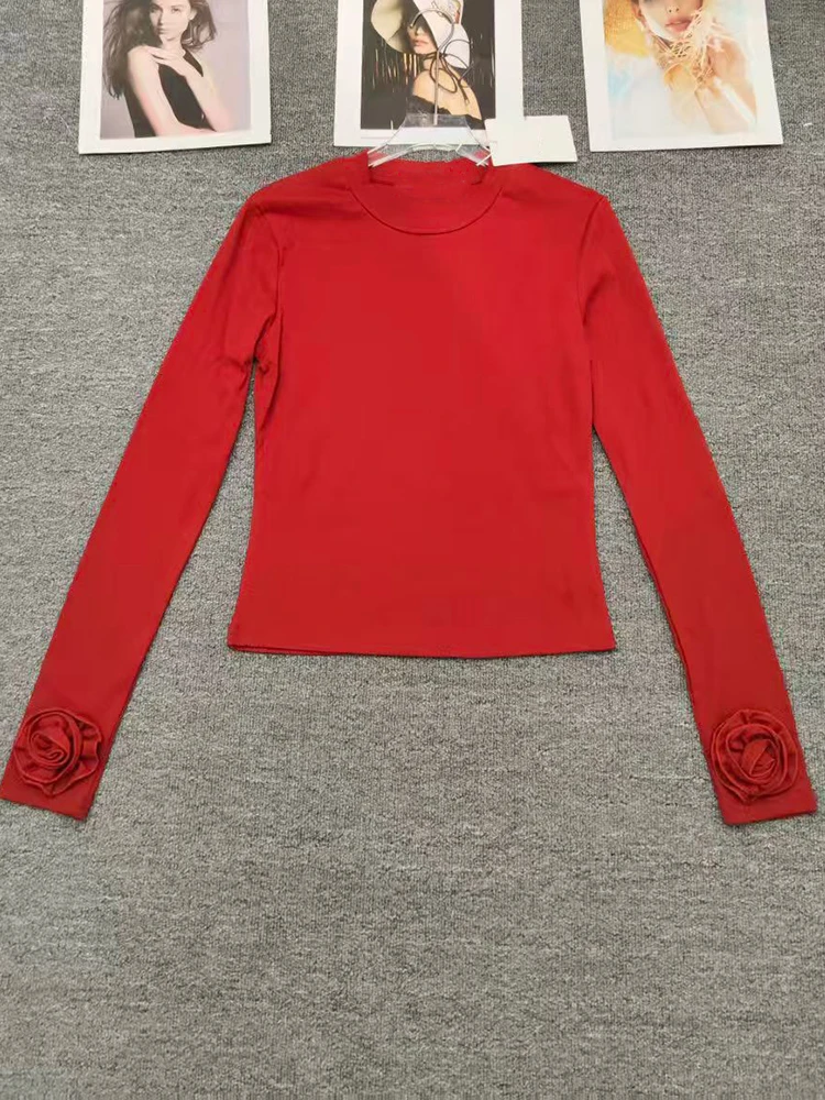 

Heavy three-dimensional sleeve flower round neck long sleeve T-shirt bottoming shirt 2025 autumn new fashion Joker slim blouse