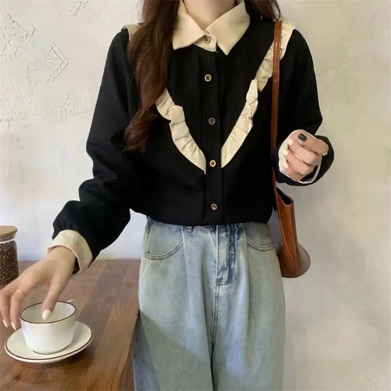 Women Corduroy Shirts Vintage Ruffles Lovely Autumn Winter Long-sleeved Shirt for Girls Aesthetic Fashion New Design Clothing