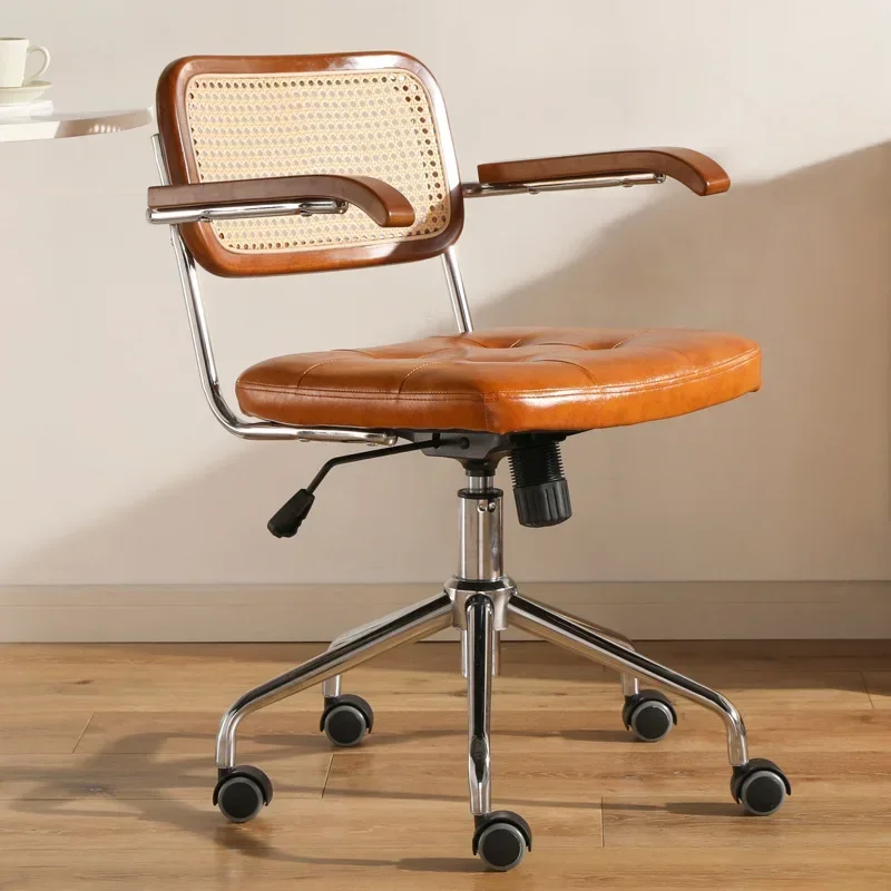 Rattan Office Chair Leather Japanese Retro Chair Computer Chair Home Swivel Study Desk Lift Celebrity Seat 2024