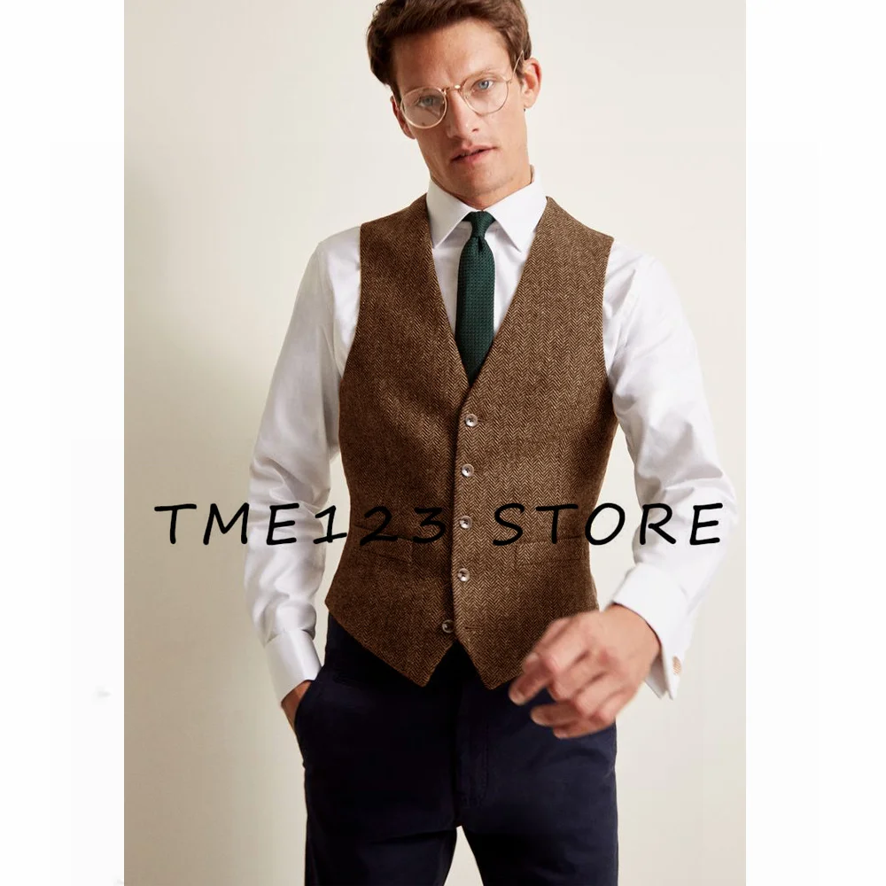 

New Herringbone Pattern Men's Business Vest Single Breasted Casual Men's Vest Steampunk Waistcoat Suit Male Elegant Man Suit