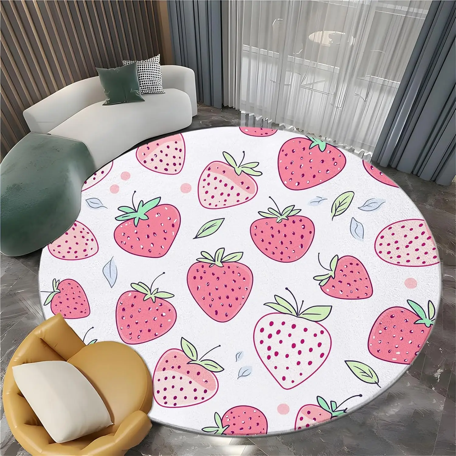 

Cartoon Fruit Plant Leaves Print Round Area Rug, Pink Washable Circular Carpet Runner - Non Slip Circle Rug 3' Carpet Absorbent