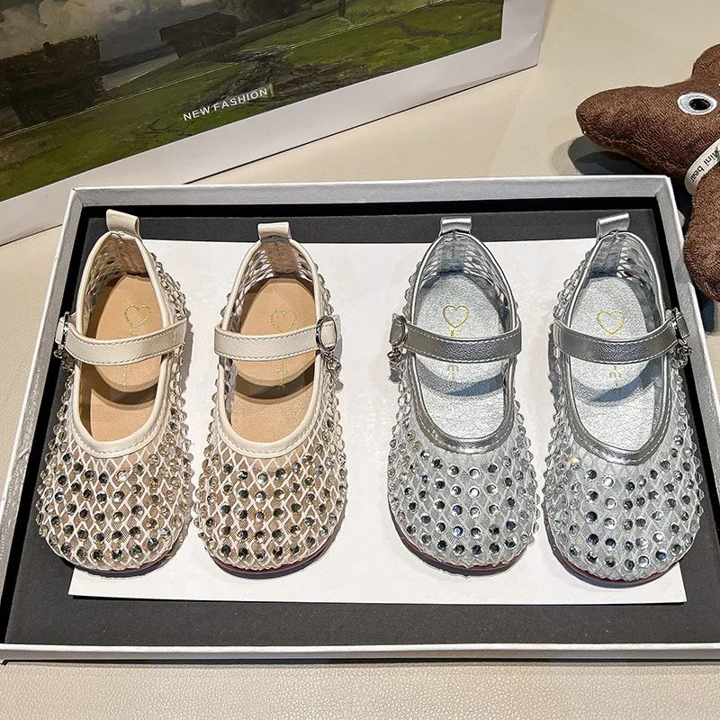 

Сандалии для девочек, весна-лето 2024, новые большие детские туфли принцессы со стразами и открытым носком