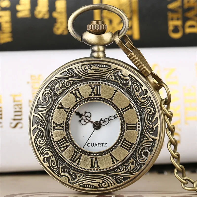 Vintage Hollow-out Roman Number Case Quartz Pocket Watch Antique Clock Necklace Pendant Chain Men Women Gifts Reloj De Bolsillo