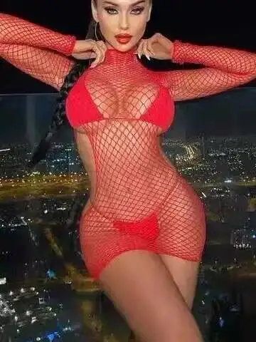 Abito sexy in tinta unita da donna a maniche lunghe scavato in rete da pesca senza schienale avvolgente abito alla moda elegante affascinante giocoso KFMK