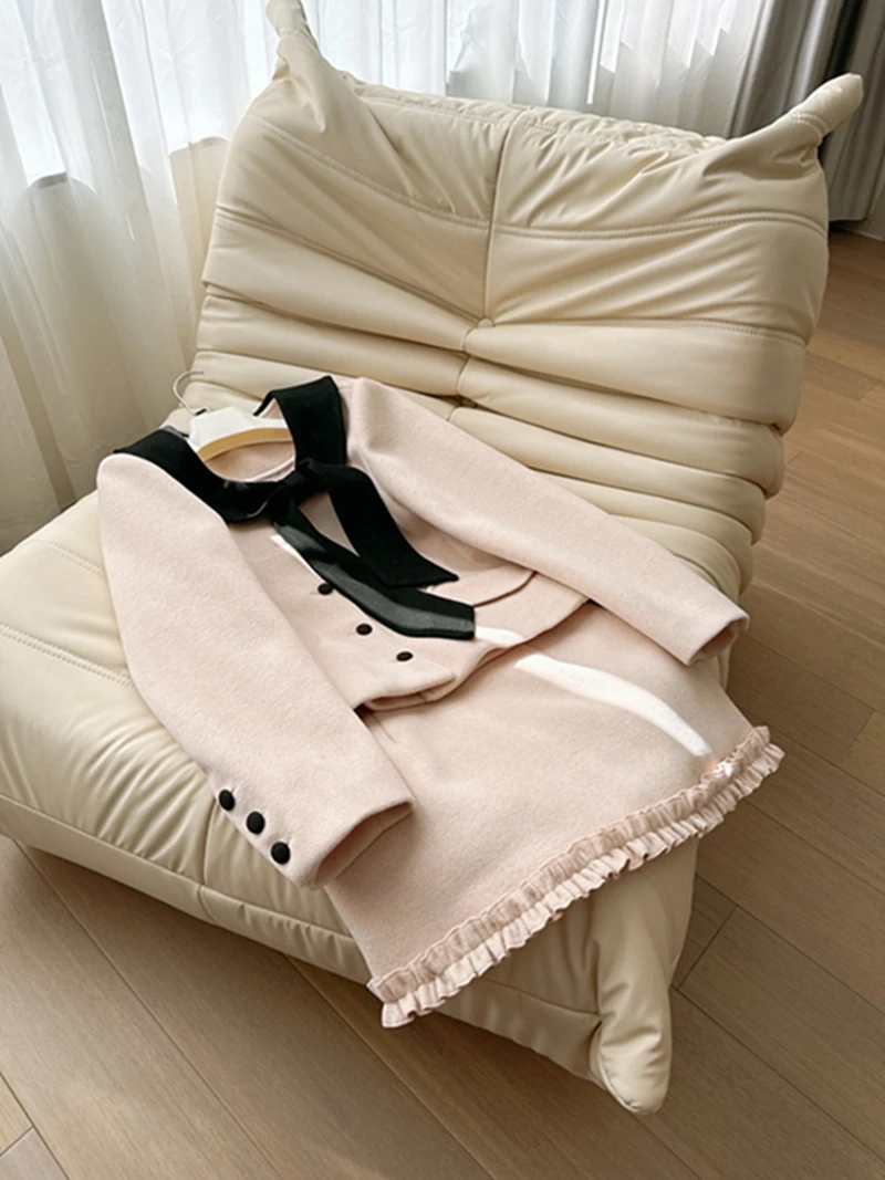 

Нежно-розовый комплект из двух предметов с бантом: модный молодежный дизайн в университетском стиле, из полиэстера, немнущаяся ткань, осенняя одежда для женщин