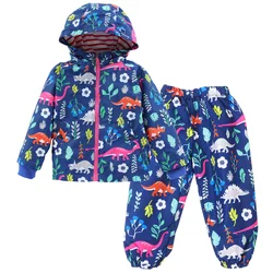 Girls Spring Fall Hooded Jacket+Pants 2PCS Suits Fashion Boys Windproof Rainproof Tracksuits Cartoon Dinosaur Sprint Clothing