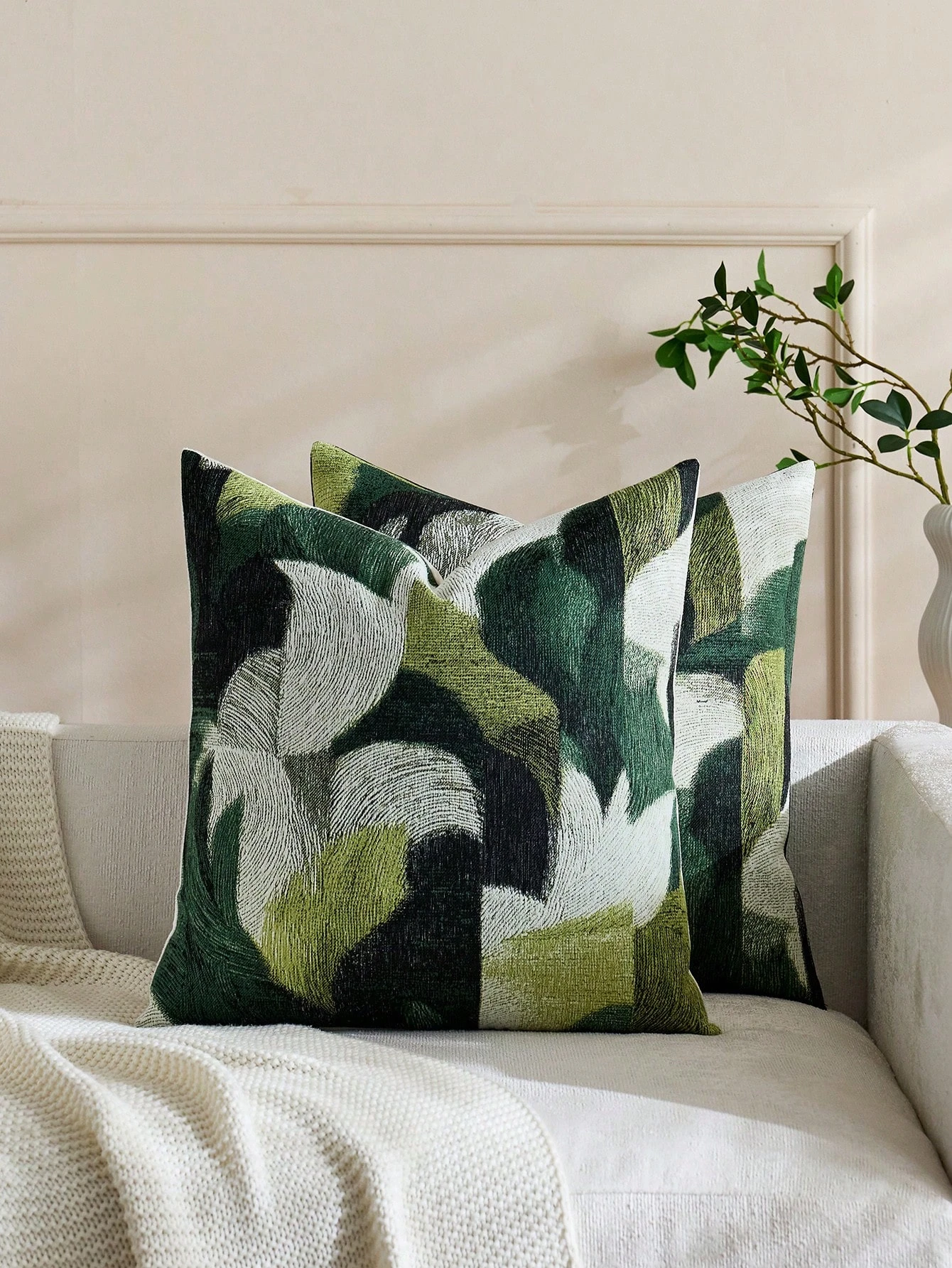 1pc Wabi-Sabi Green Abstract Pillow Cover, Polyester 2D Double-Sided Print, Textured Leaf Pattern Design, Luxury Home Accent