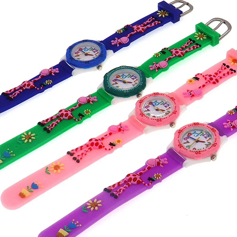 4Pcs Kids Colorful Mini Wrist Watch Set with Silicone Cartoon Giraffe Straps Children's Clock Accessory