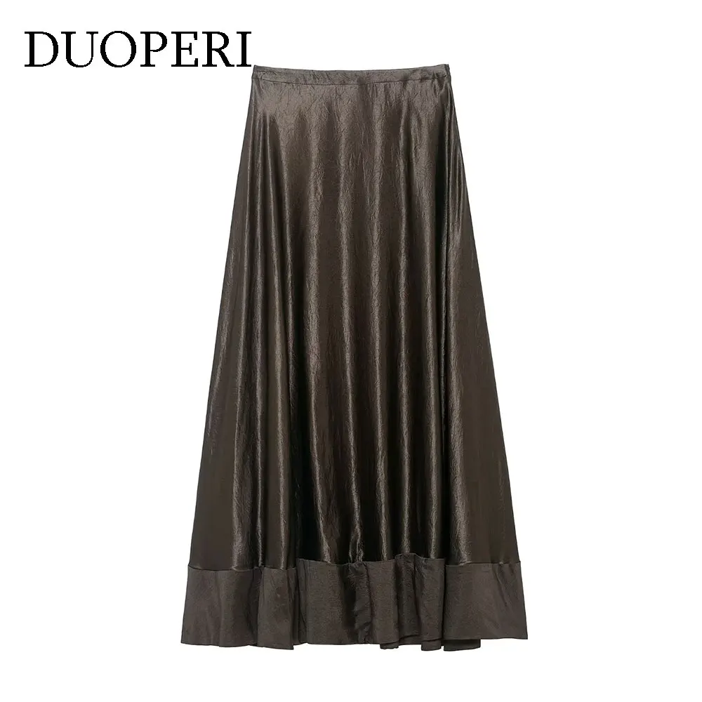 

DUOPERI женская армейская зеленая лоскутная атласная плиссированная юбка-миди с боковой молнией винтажная женская элегантная шикарная женская юбка с высокой талией