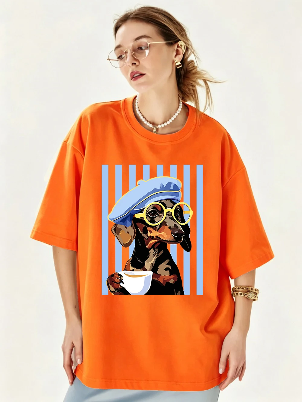 Dackel-Illustrationsdrucke T-Shirts Baumwolle Damen Sommer Oversize-Tops Weiches O-Ausschnitt Kurzarm-T-Shirt Basic Damenbekleidung – Detail 21