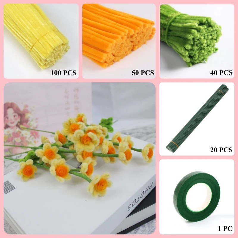 

190 PCS * Pipe Cleaner Chenille Stems Handmade 5 Daisy Flowers Making Kit DIY Art Flower Bouquet Craft Set